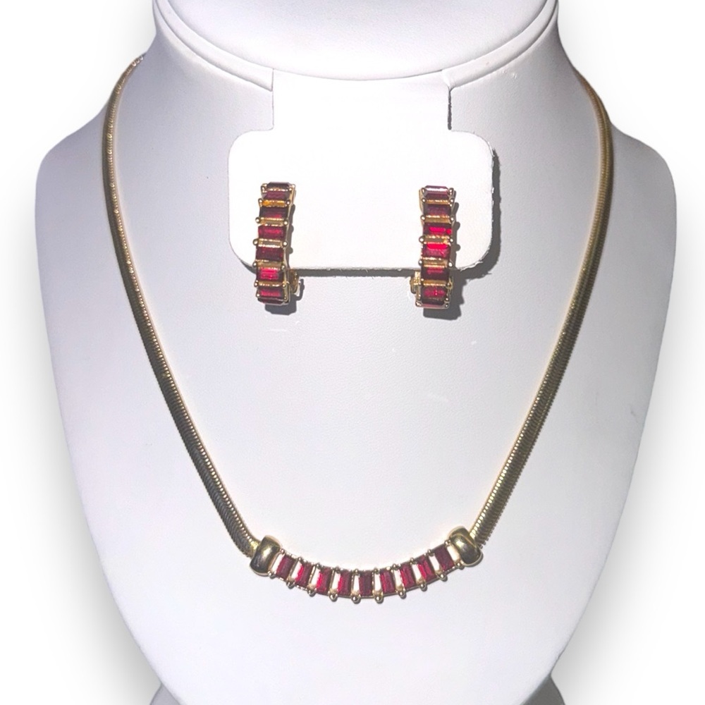 DIOR Vintage 80s/90s Red and Gold Necklace and Earrings Set, Gothic Glam Gala - Picture 3 of 8